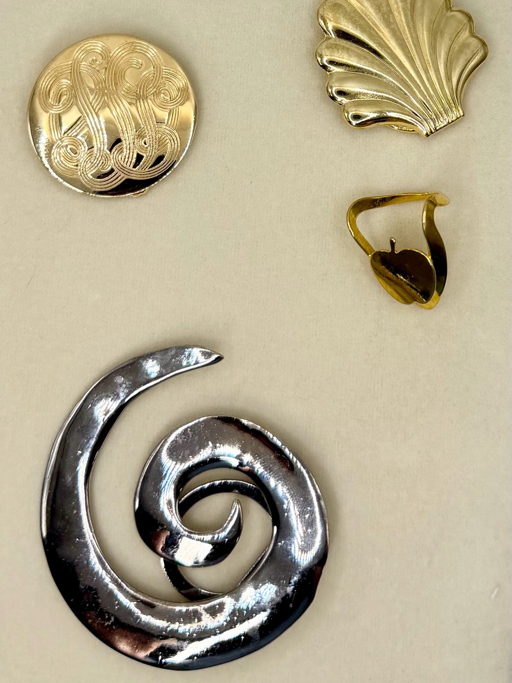 Vintage Scarf Clip Lot of 4 - Gold & Silver Tone (Signed M.J. ENT Swirl)